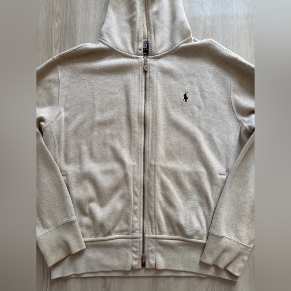 Vintage Polo Ralph Lauren Zip Up Hoodie Tan / Khaki / Light Brown Sz XL *stains - Picture 9 of 11